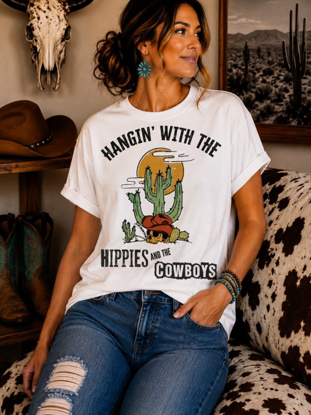 Hippies And Cowboys Graphic T Shirt Trendy Boutique Style Tee Womens White Gifts